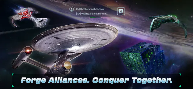 Starships and a green-lit cube vessel flying through a colorful lit nebula in Star Trek Fleet Command